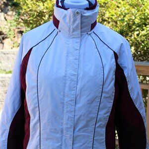 Columbia Women's Interchange Ski Jacket L White Burgundy Hooded Nylon Inner